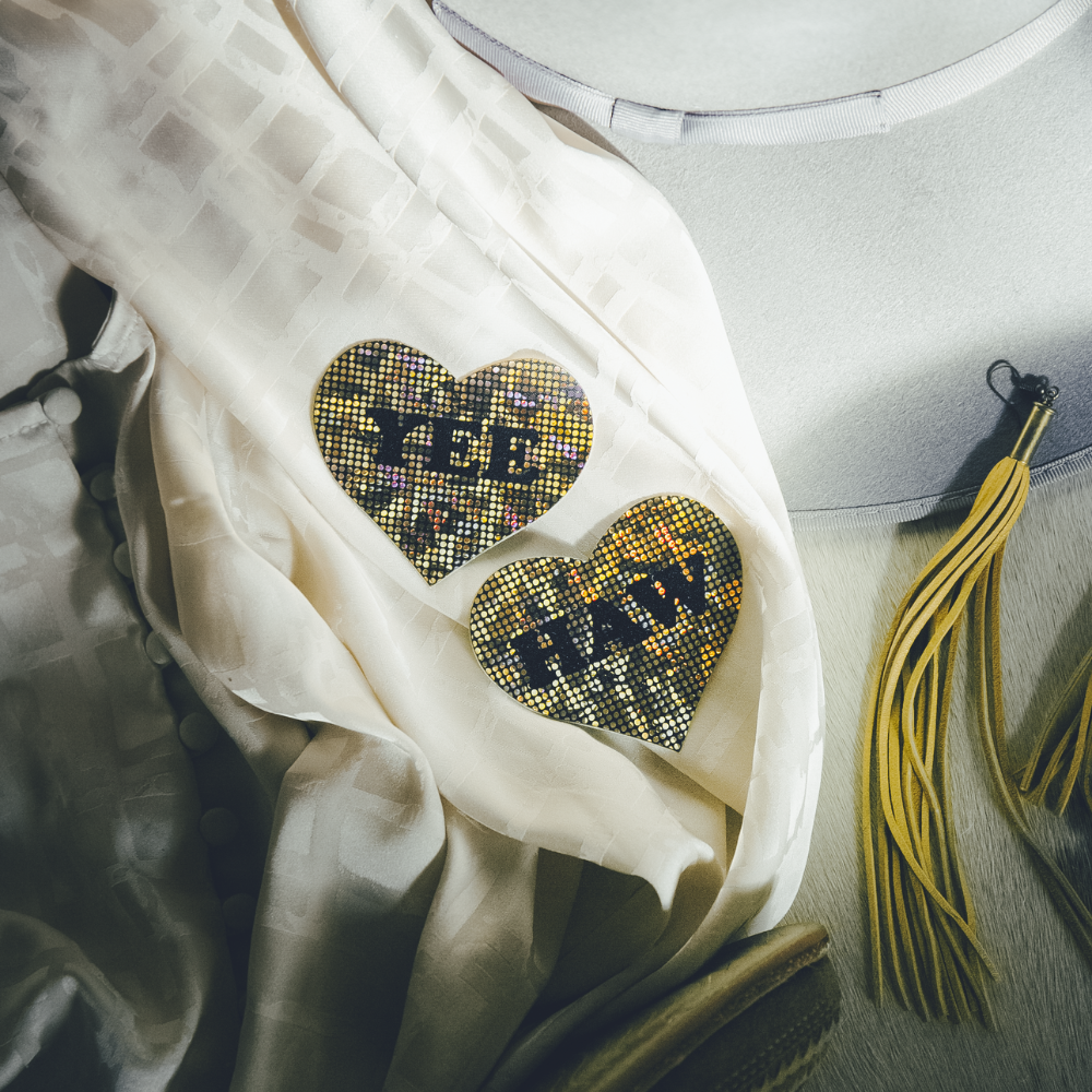 5-Pack: Love: 'YEE HAW' in Black on Gold Glitter Disco Heart Nipple Pasties by Pastease