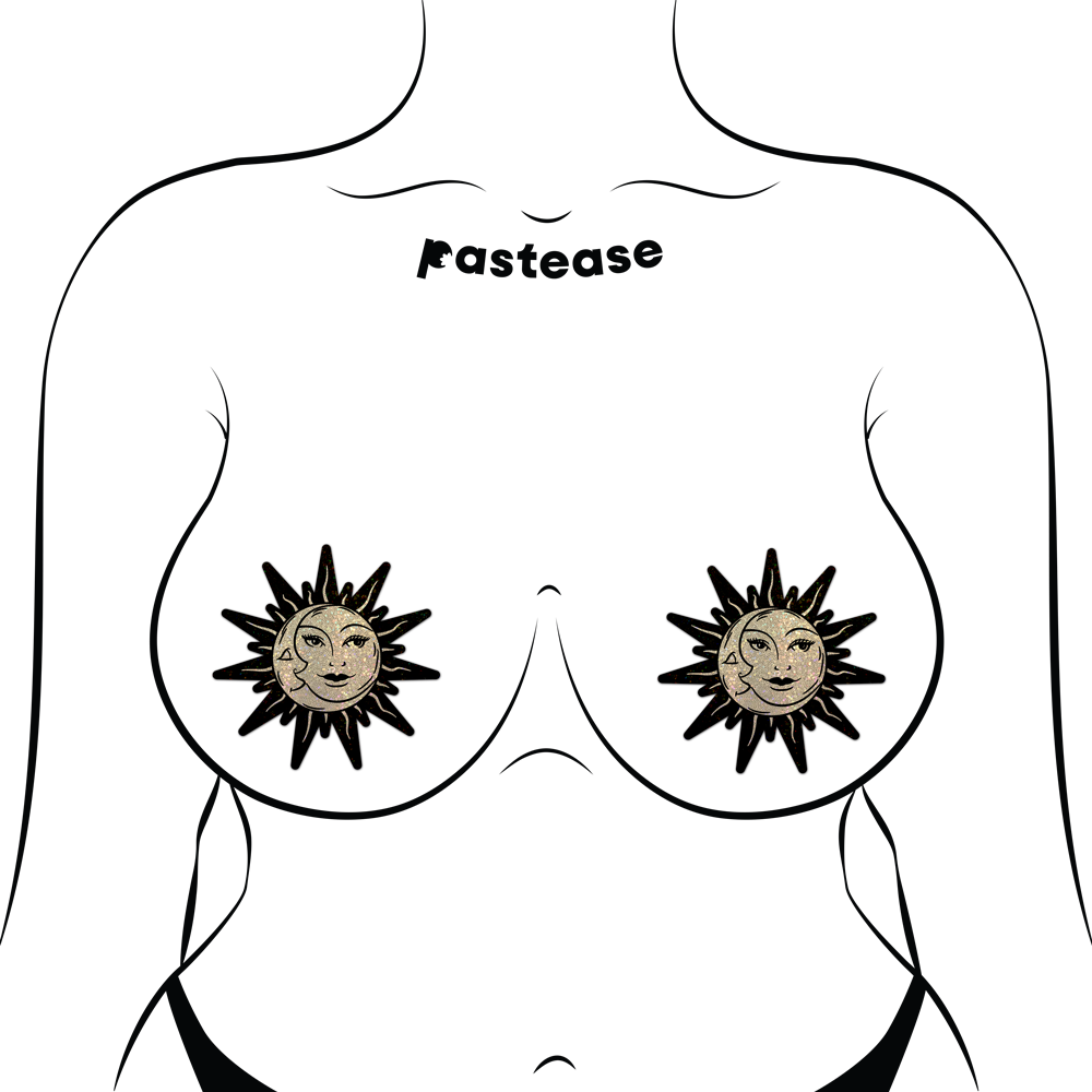 5-Pack: Sunburst: Sun & Moon Faces on Gold Glitter Sun Nipple Pasties by Pastease® o/s