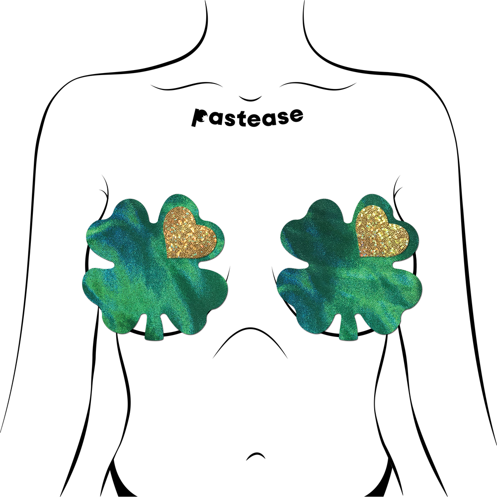 5-Pack: Coverage: Clover Green Holographic with Glitter Gold Heart Breast Coverings by Pastease