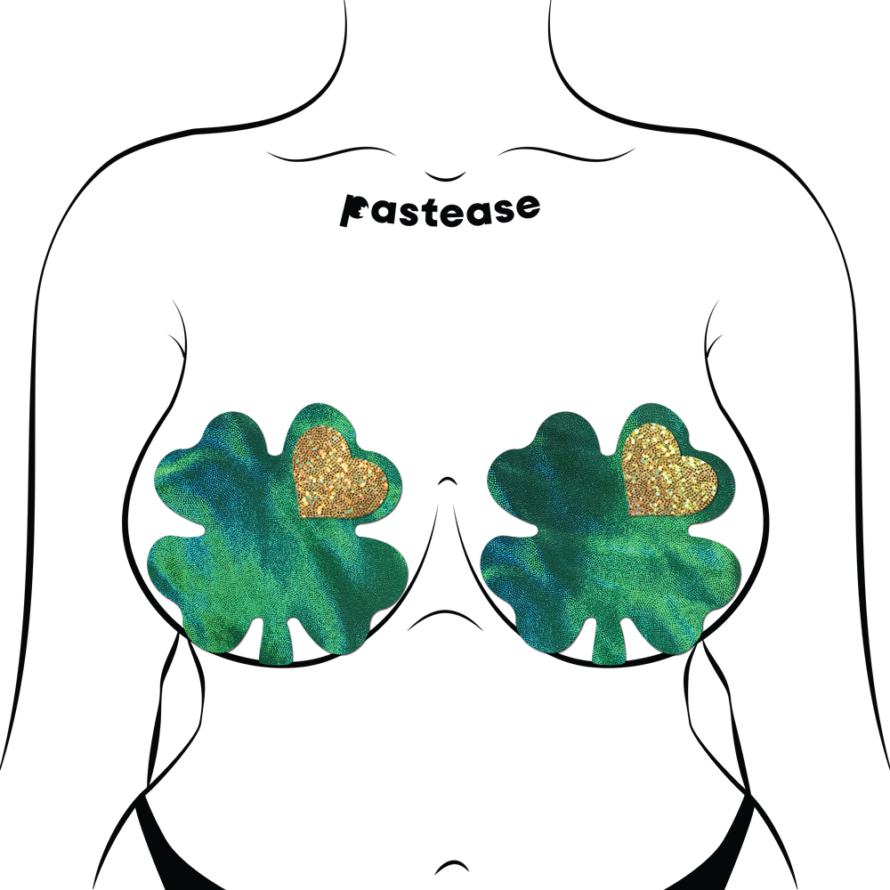 5-Pack: Coverage: Clover Green Holographic with Glitter Gold Heart Breast Coverings by Pastease
