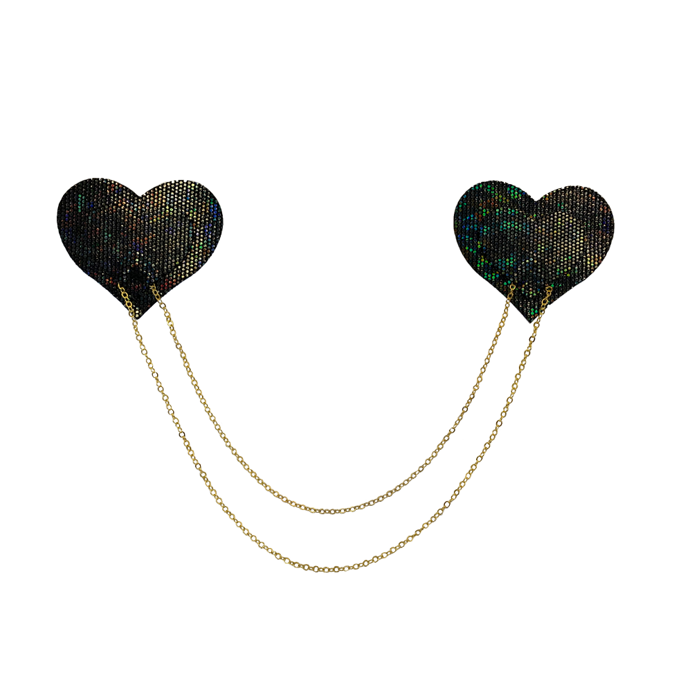 5-Pack: Chains: Black Shattered Disco Ball Heart with Gold Chains Nipple Pasties by Pastease® o/s