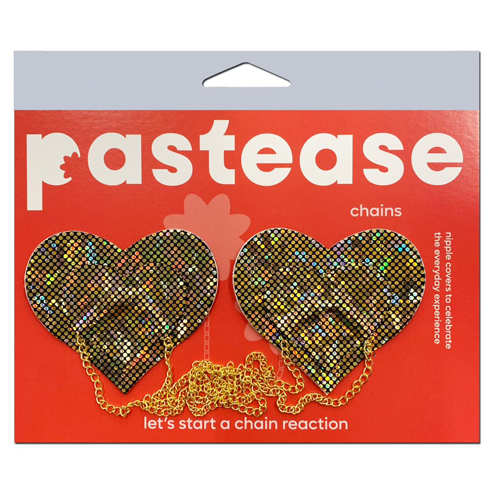 5-Pack: Chains: Gold Shattered Disco Ball Heart with Gold Chains Nipple Pasties by Pastease® o/s