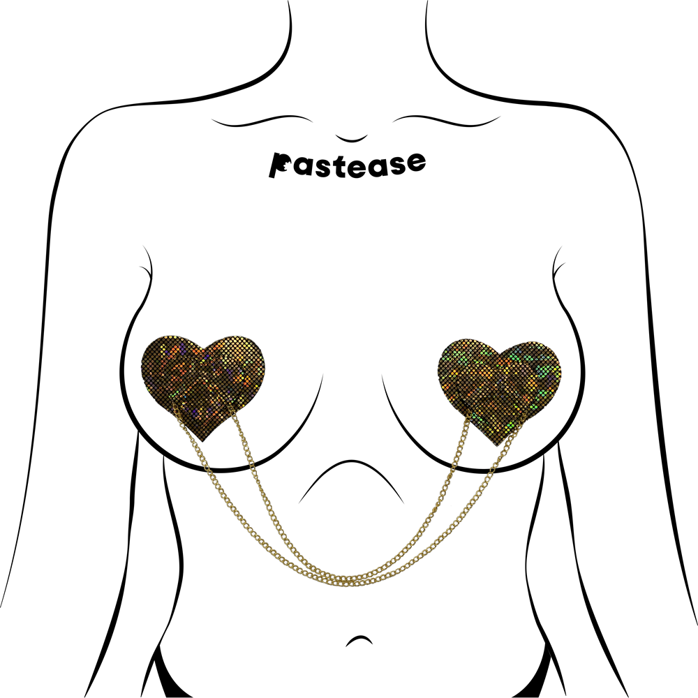 5-Pack: Chains: Gold Shattered Disco Ball Heart with Gold Chains Nipple Pasties by Pastease® o/s
