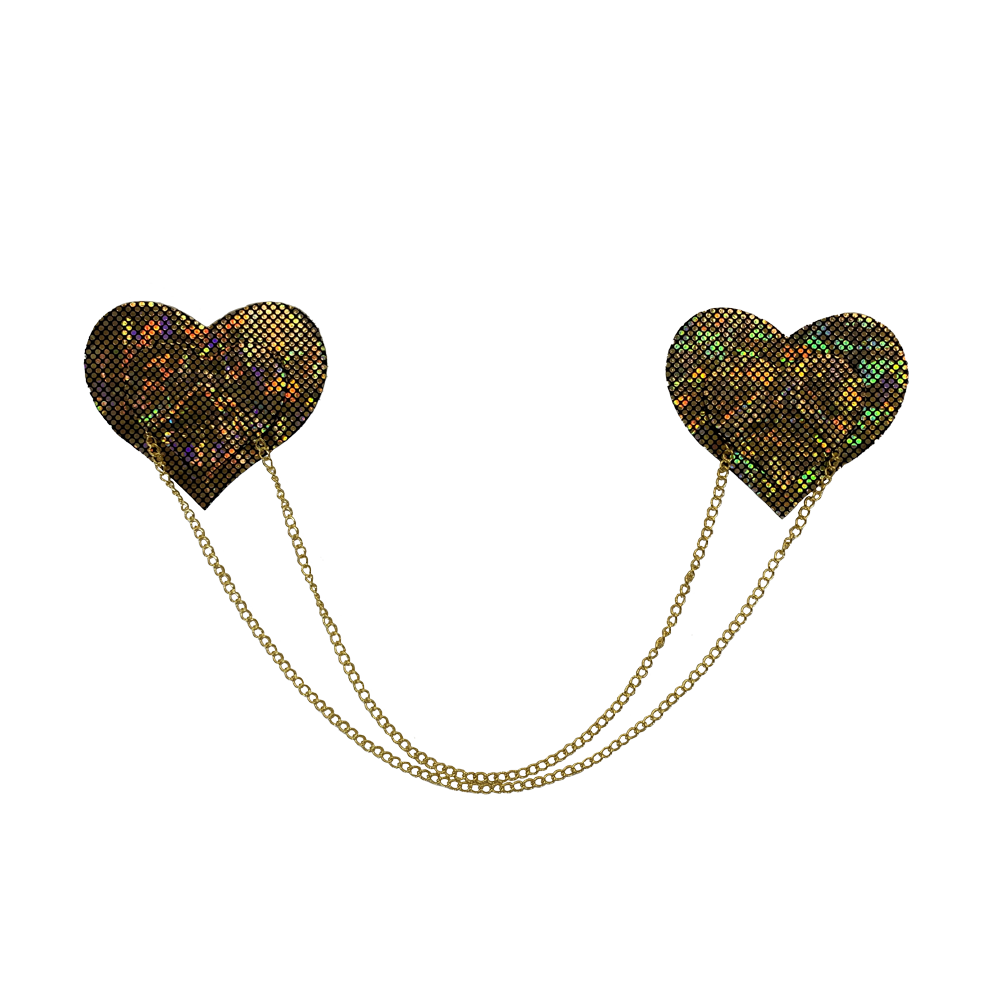 5-Pack: Chains: Gold Shattered Disco Ball Heart with Gold Chains Nipple Pasties by Pastease® o/s