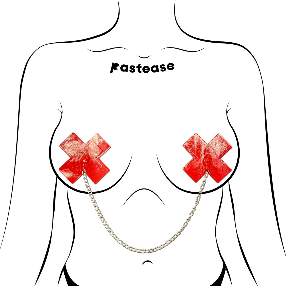 Chains: Faux Latex Pleather Vinyl Red Plus X Cross with Chunky Silver Chain Nipple Pasties by Pastease®