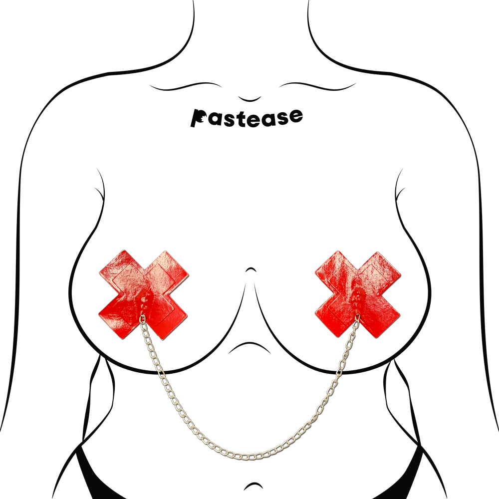 Chains: Faux Latex Pleather Vinyl Red Plus X Cross with Chunky Silver Chain Nipple Pasties by Pastease®