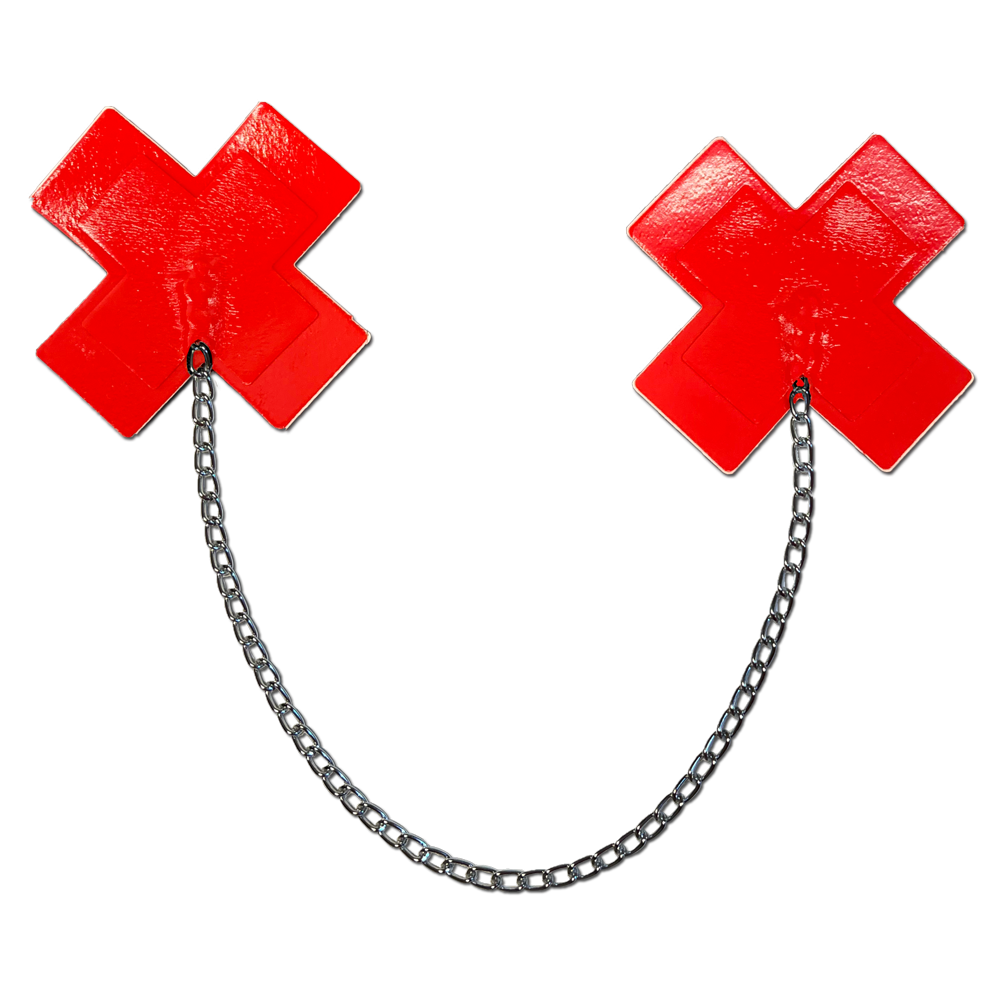 Chains: Faux Latex Pleather Vinyl Red Plus X Cross with Chunky Silver Chain Nipple Pasties by Pastease®