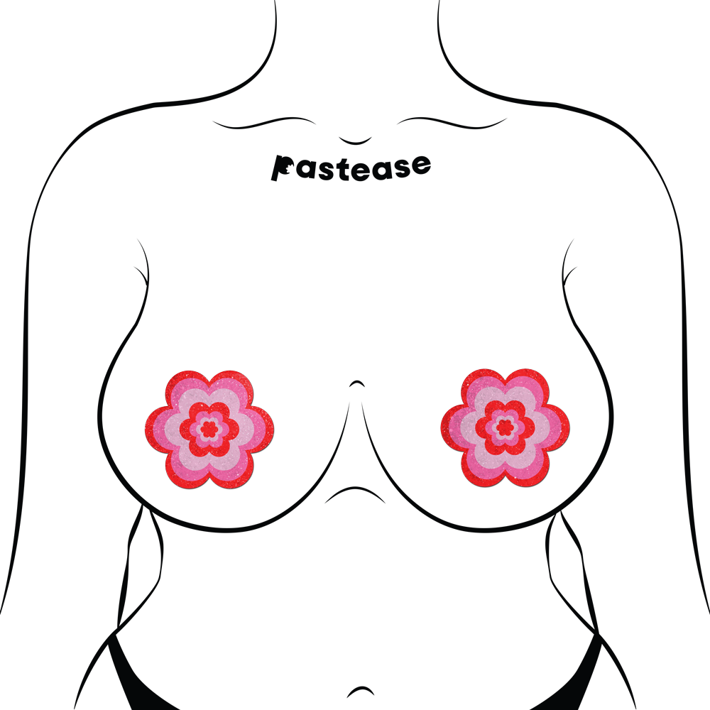 5-Pack: Daisy: Red & Pink Glitter Velvet Pumping Daisy Nipple Pasties by Pastease®