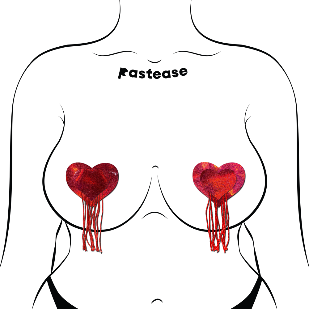 5-Pack: Tassels: Red Holographic Hearts with Tassel Fringe Nipple Pasties by Pastease® o/s
