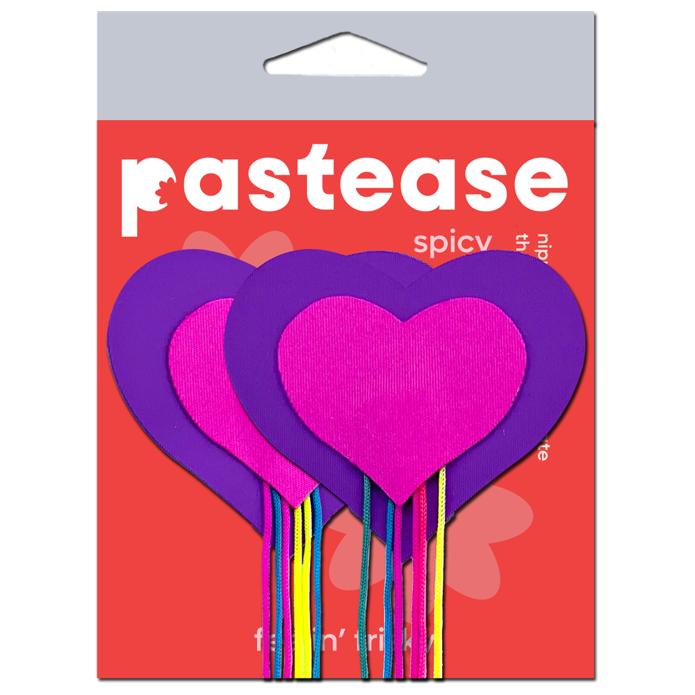 5-Pack: Tassels: Neon Pink & Purple Hearts with Rainbow Tassel Fringe Nipple Covers by Pastease®