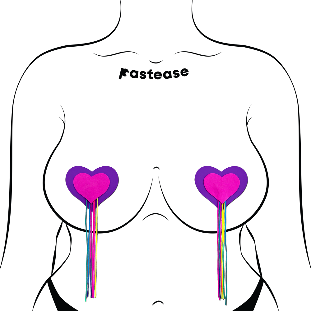 5-Pack: Tassels: Neon Pink & Purple Hearts with Rainbow Tassel Fringe Nipple Covers by Pastease®