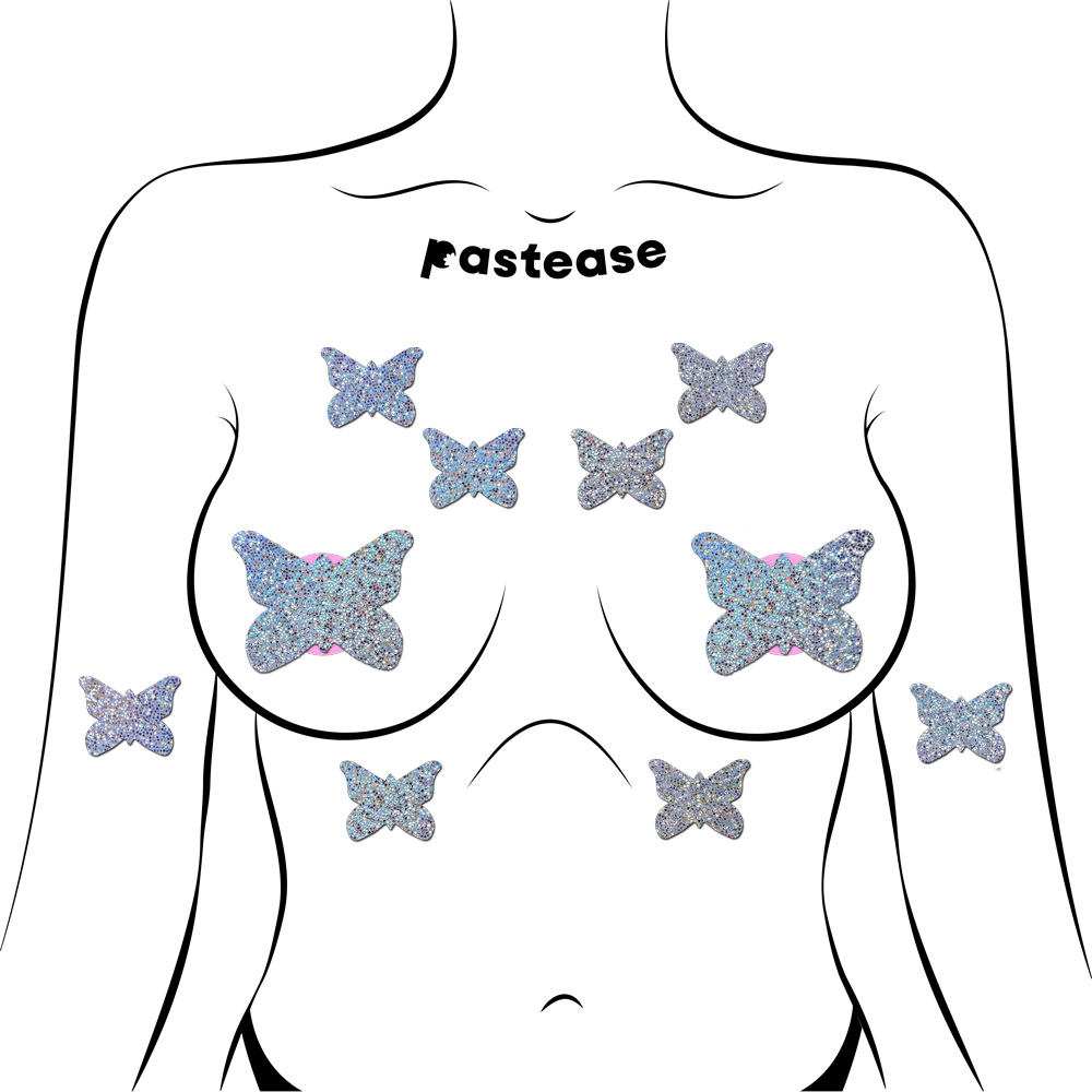 5-Pack: Body Minis: 10 Mini Silver Glitter Butterflies Nipple and Body Pasties by Pastease® o/s