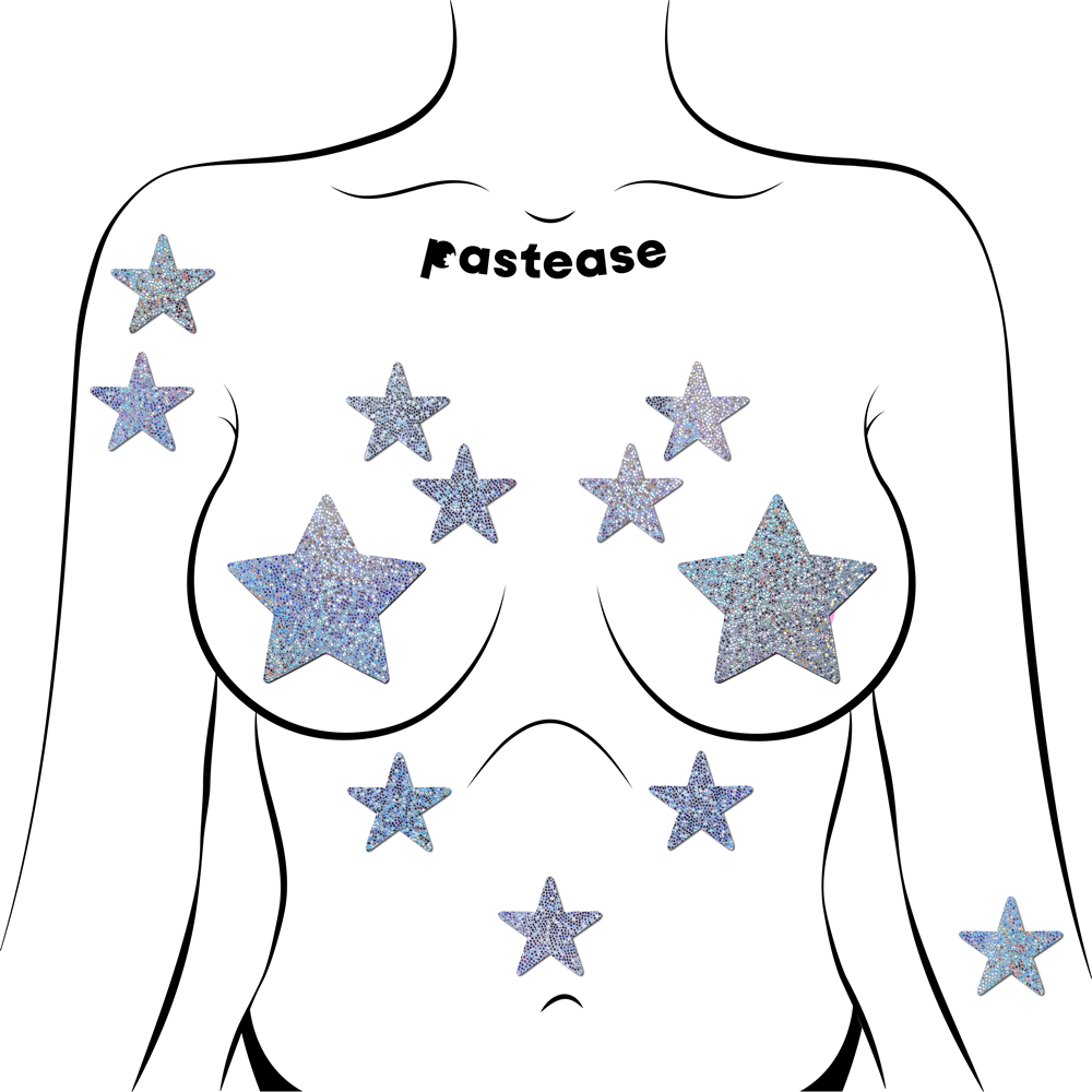 5-Pack: Body Minis: 10 Mini Silver Glitter Stars Nipple & Body Pasties by Pastease® o/s