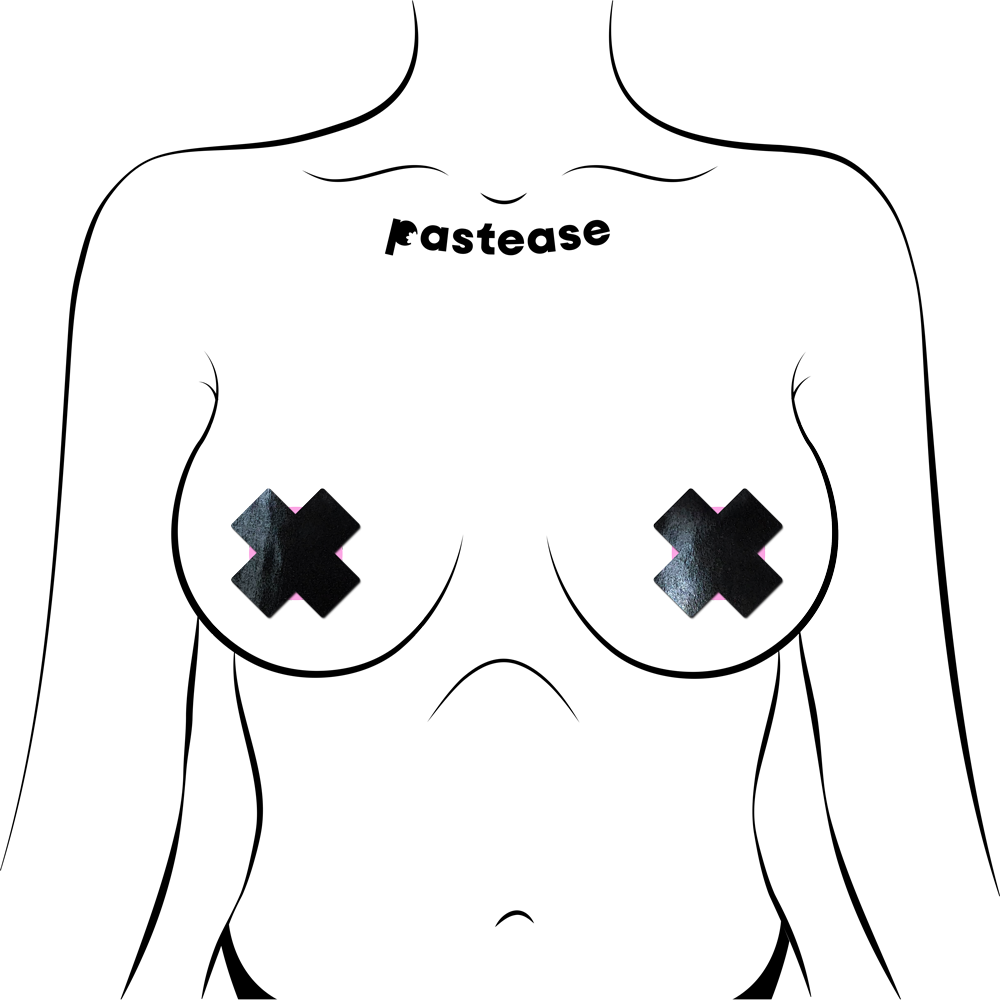 Petite Plus X: Two Pair of Small Faux Latex Pleather Vinyl Black Cross Nipple Pasties by Pastease®