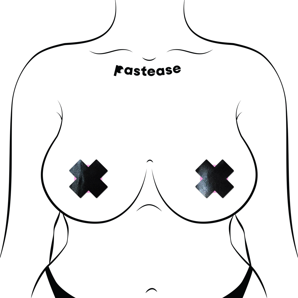 Petite Plus X: Two Pair of Small Faux Latex Pleather Vinyl Black Cross Nipple Pasties by Pastease®