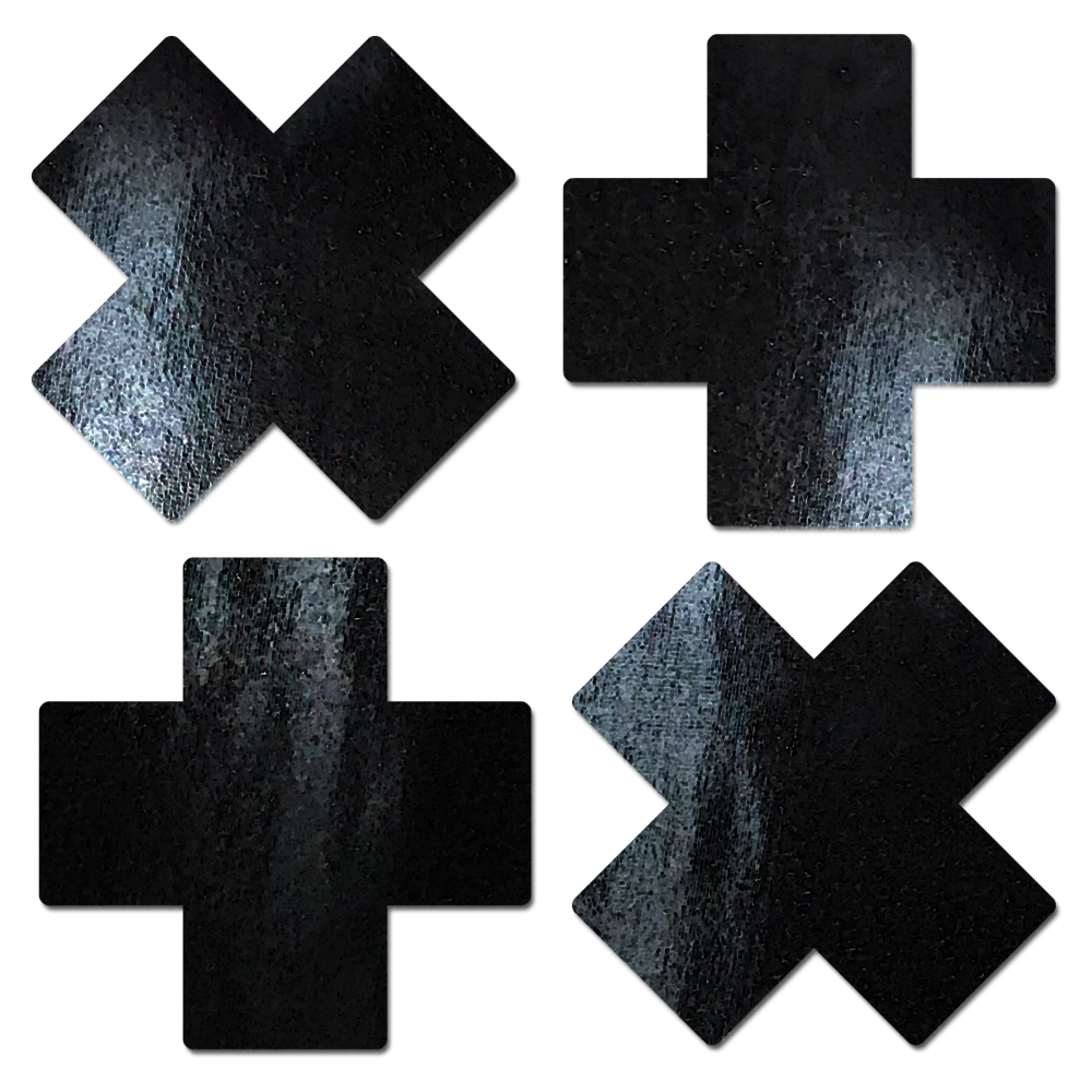 Petite Plus X: Two Pair of Small Faux Latex Pleather Vinyl Black Cross Nipple Pasties by Pastease®