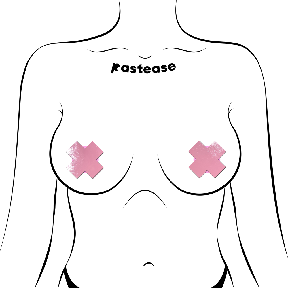 Petite Plus X: Two Pair of Small Faux Latex Pleather Vinyl Baby Pink Cross Nipple Pasties by Pastease®