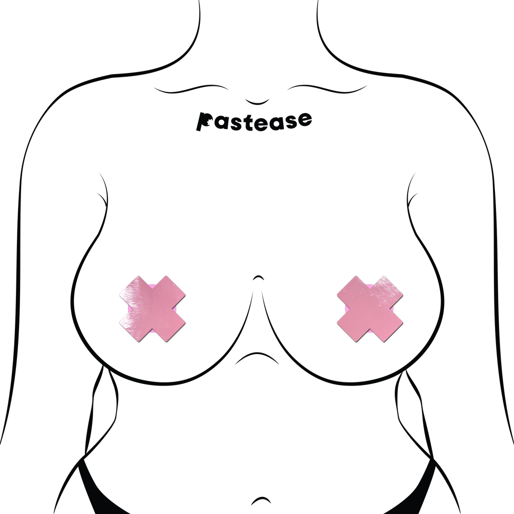 Petite Plus X: Two Pair of Small Faux Latex Pleather Vinyl Baby Pink Cross Nipple Pasties by Pastease®