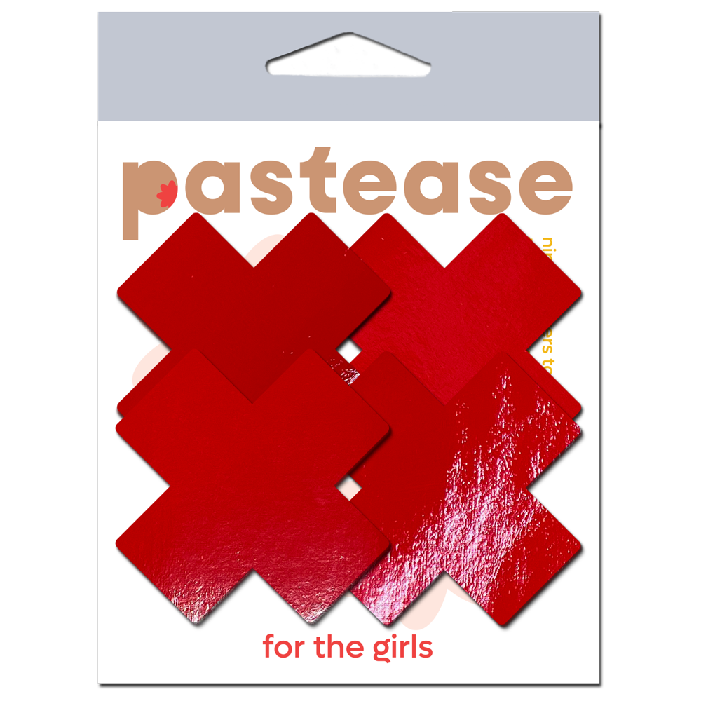 Petite Plus X: Two Pair of Small Faux Latex Pleather Vinyl Red Cross Nipple Pasties by Pastease®