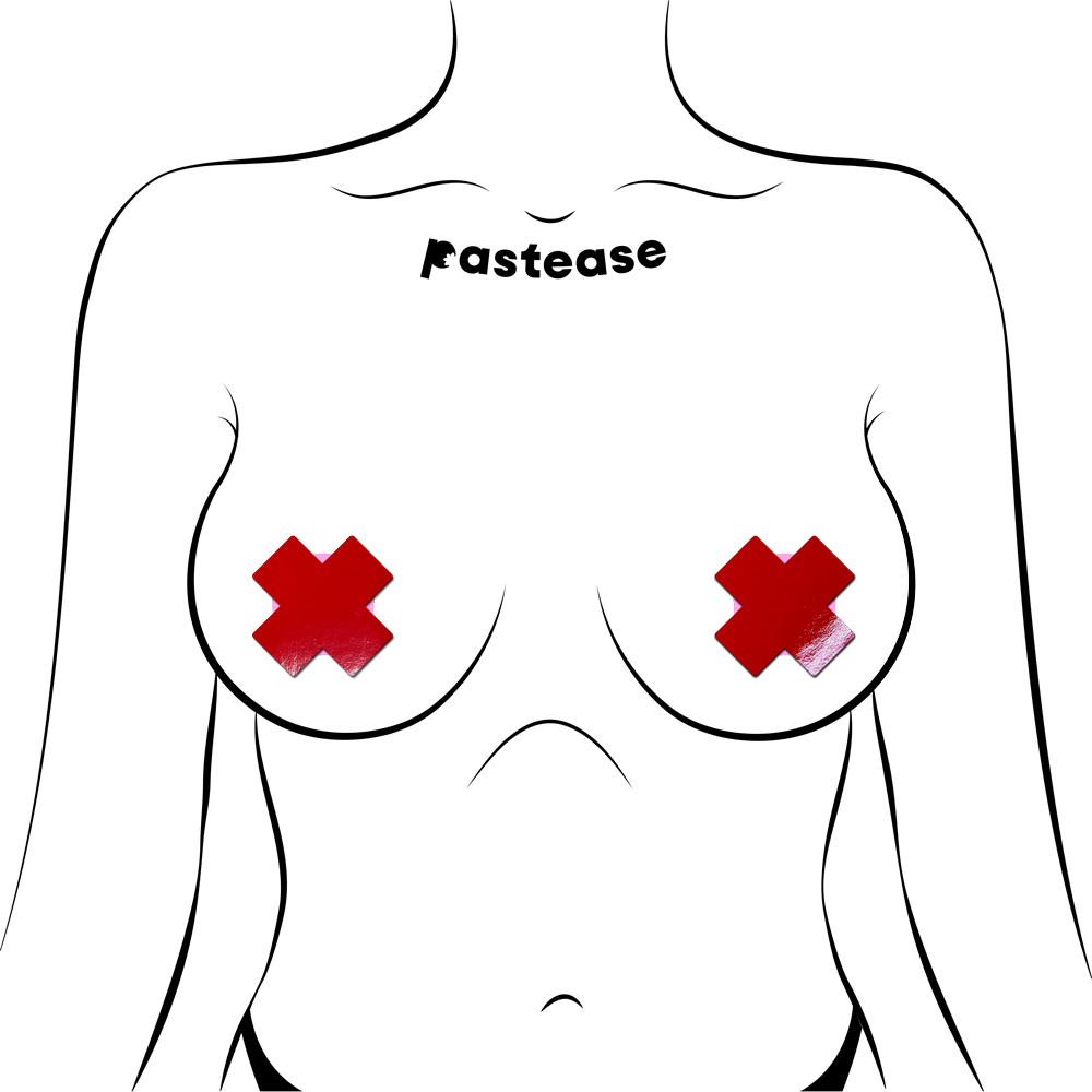 Petite Plus X: Two Pair of Small Faux Latex Pleather Vinyl Red Cross Nipple Pasties by Pastease®