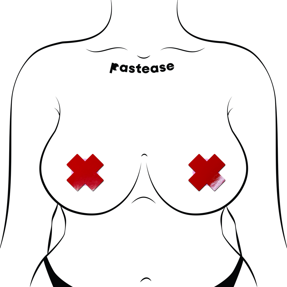 Petite Plus X: Two Pair of Small Faux Latex Pleather Vinyl Red Cross Nipple Pasties by Pastease®