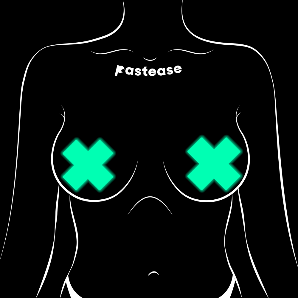 5-Pack: Plus X: Glow-in-the-Dark Neon Turquoise Cross Pasties Nipple Covers by Pastease