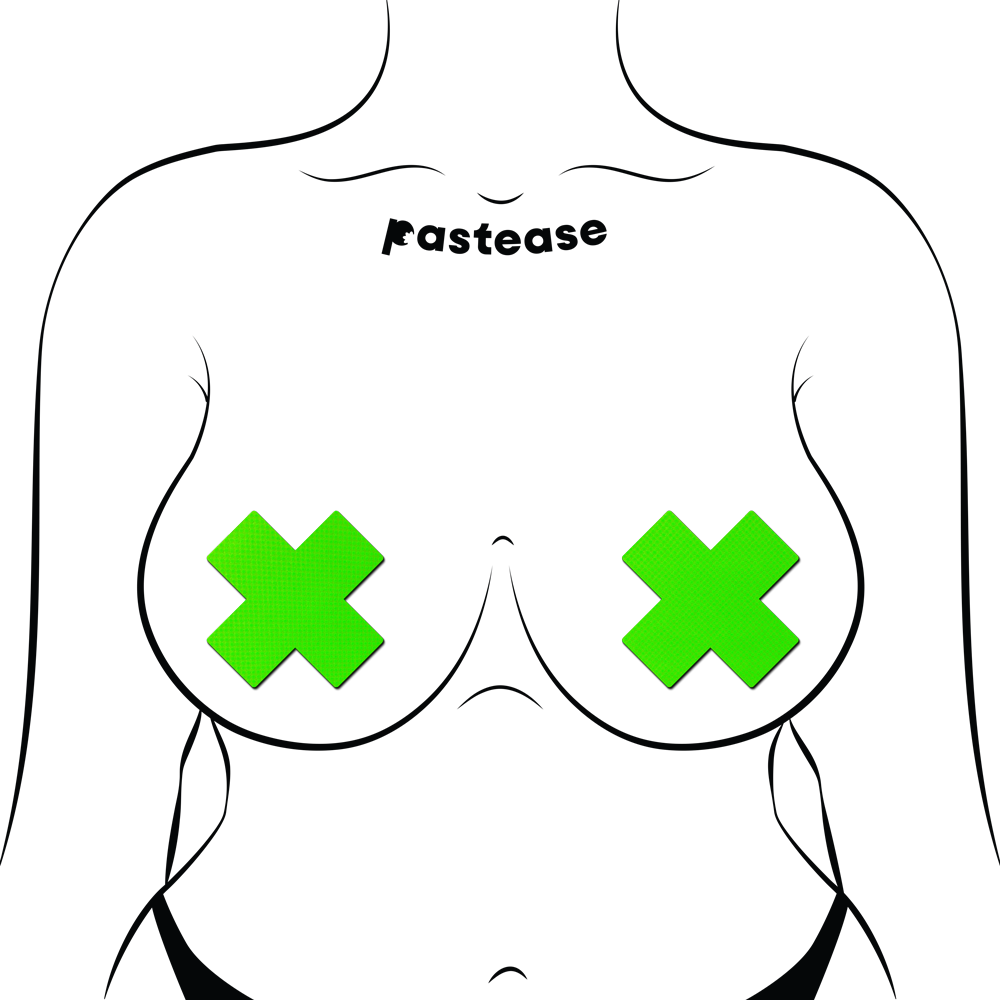 5-Pack: Plus X: Neon Green (Blacklight Reactive) Cross Nipple Pasties by PasteaseĀ® o/s