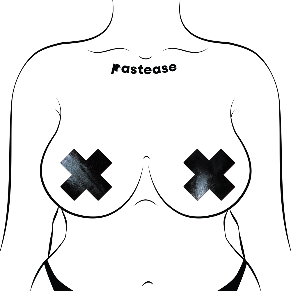 5-Pack: Plus X: Faux Latex Pleather Vinyl Black Cross Nipple Pasties by Pastease®