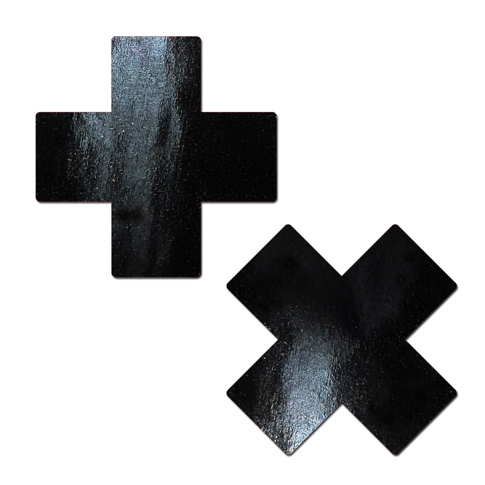 5-Pack: Plus X: Faux Latex Pleather Vinyl Black Cross Nipple Pasties by Pastease®