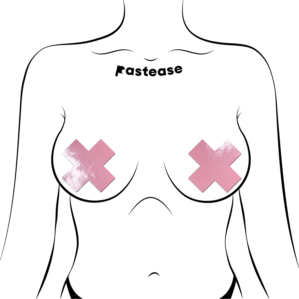 Plus X: Faux Latex Pleather Vinyl Baby Pink Cross Nipple Pasties by Pastease®