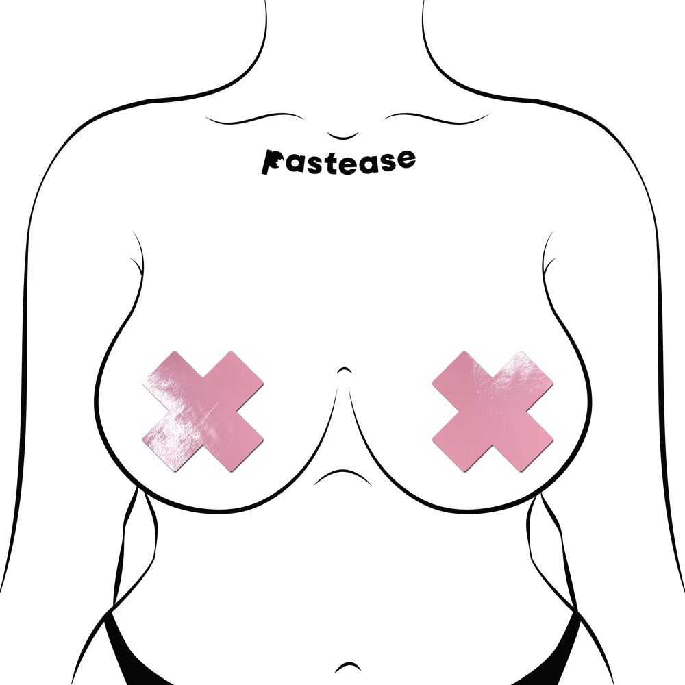 Plus X: Faux Latex Pleather Vinyl Baby Pink Cross Nipple Pasties by Pastease®