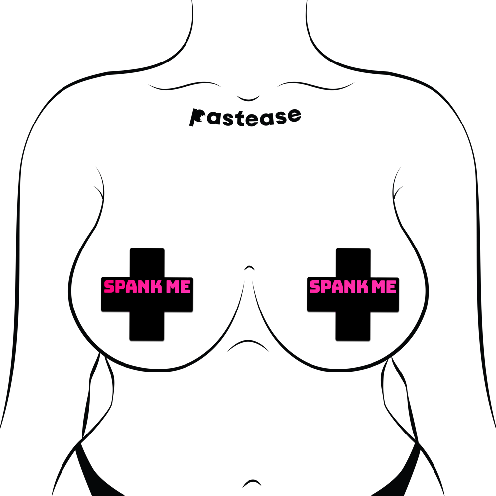 5-Pack: Plus X: 'Spank Me' Black Cross on Neon Pink Base Nipple Pasties by Pastease® o/s