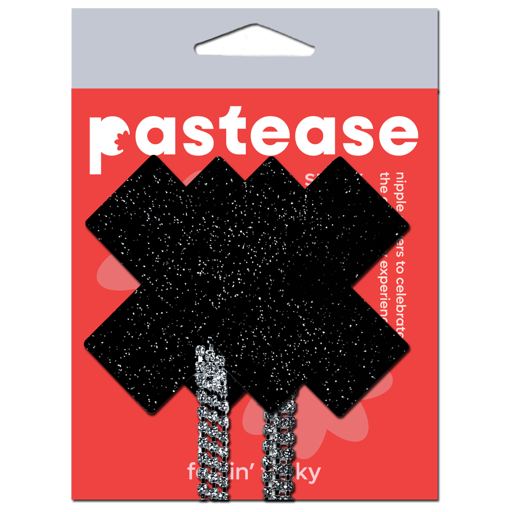 5-Pack: Tassel Pasties: Black Sparkle Plus X Pastease with Long Rhinestone Tassel Nipple Pasties by Pastease®