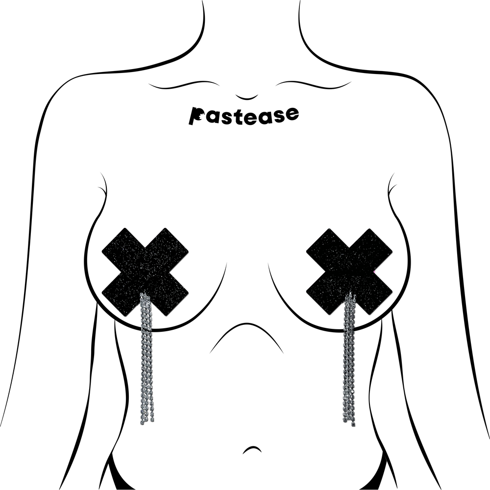 5-Pack: Tassel Pasties: Black Sparkle Plus X Pastease with Long Rhinestone Tassel Nipple Pasties by Pastease®