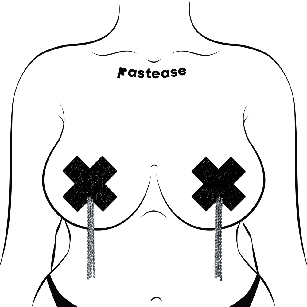 5-Pack: Tassel Pasties: Black Sparkle Plus X Pastease with Long Rhinestone Tassel Nipple Pasties by Pastease®
