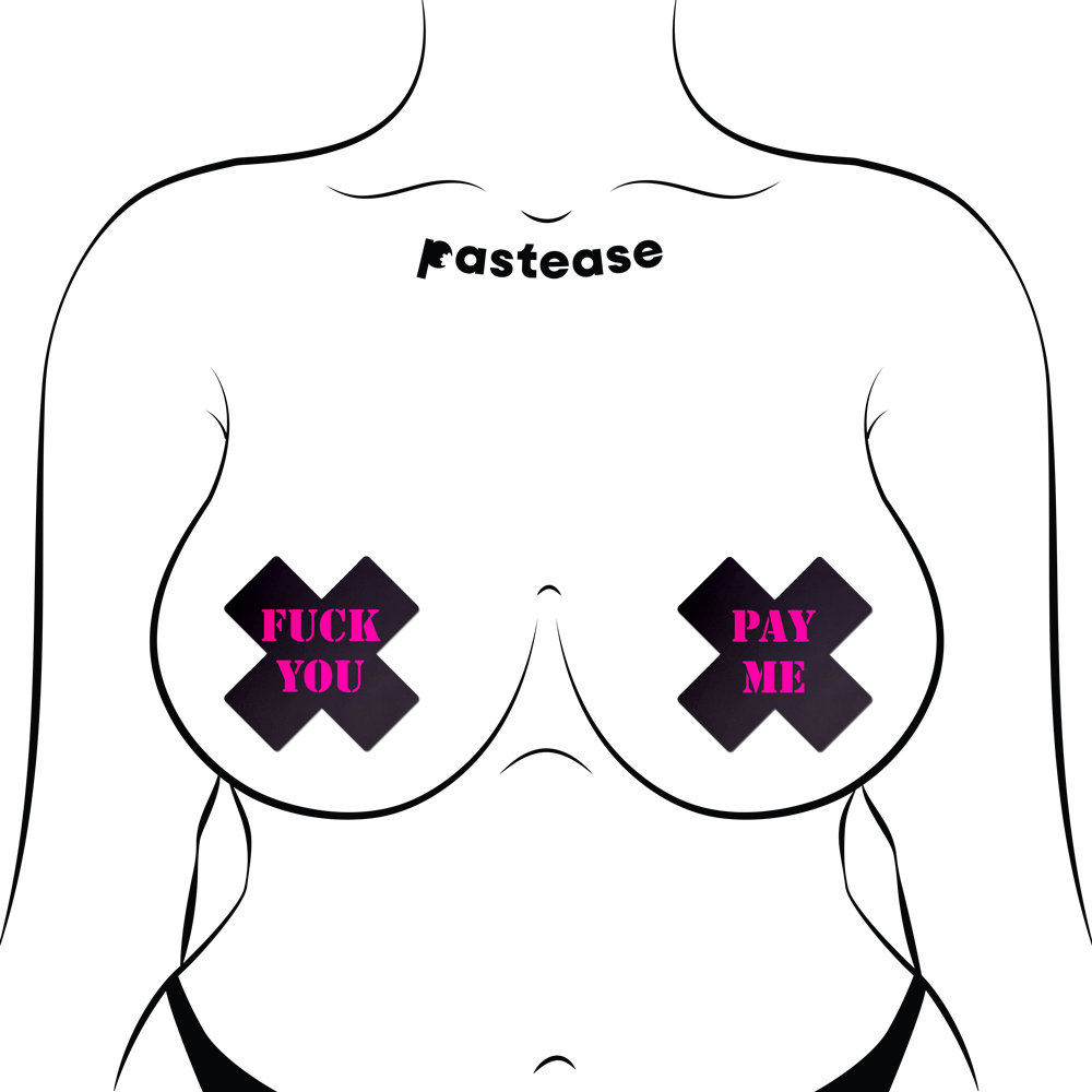 5-Pack: Plus X: Black with Pink 'Fuck You, Pay Me' Cross Nipple Pasties by Pastease®