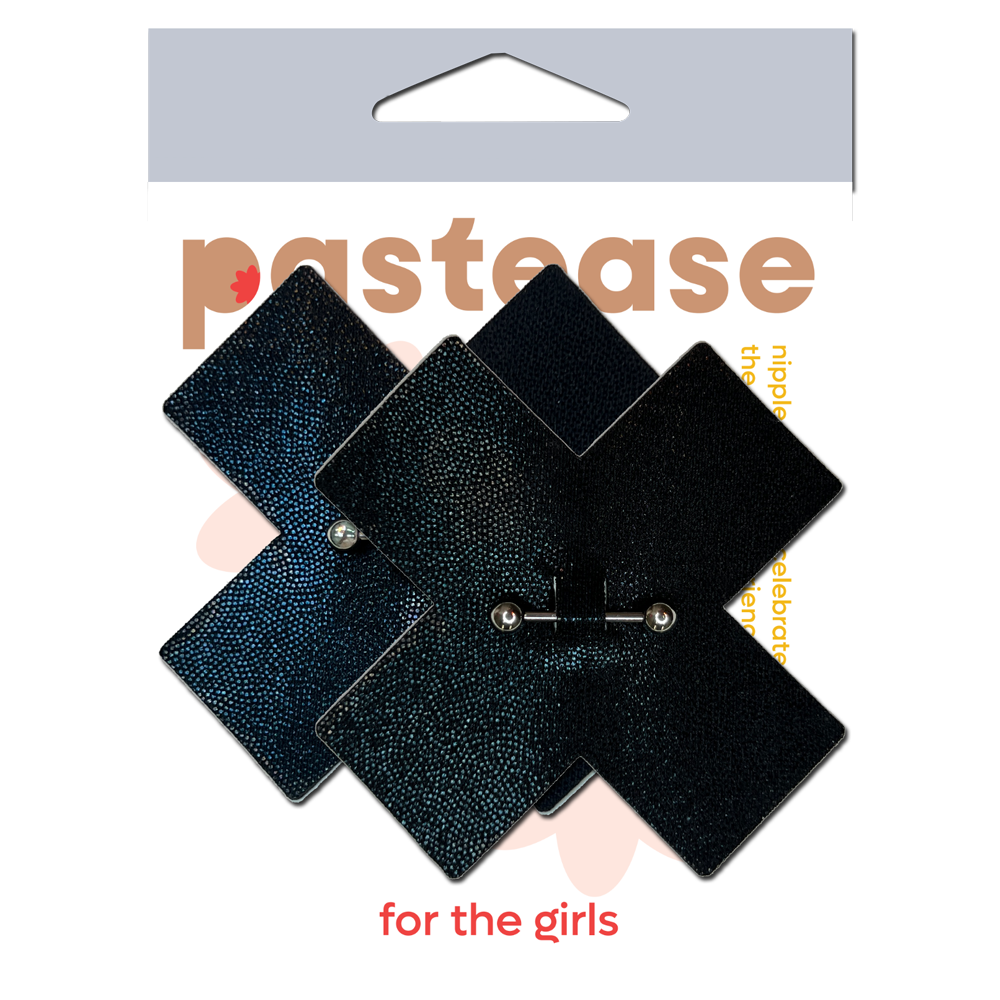 5-Pack: Pierced Pasties: Liquid Black Cross Plus X with Barbell Piercing Nipple Covers by Pastease®