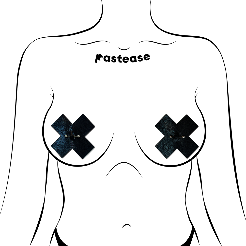 5-Pack: Pierced Pasties: Liquid Black Cross Plus X with Barbell Piercing Nipple Covers by Pastease®