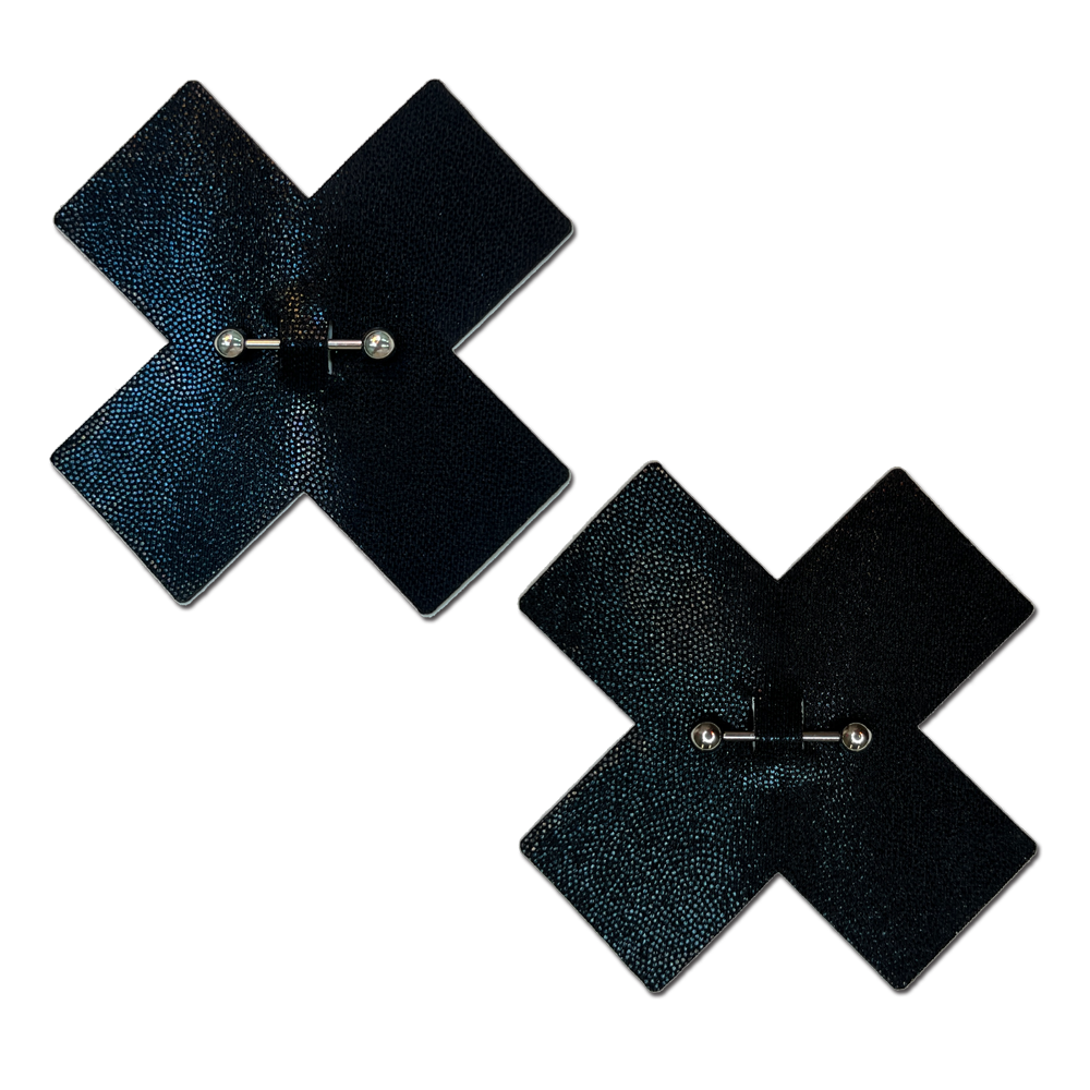5-Pack: Pierced Pasties: Liquid Black Cross Plus X with Barbell Piercing Nipple Covers by Pastease®