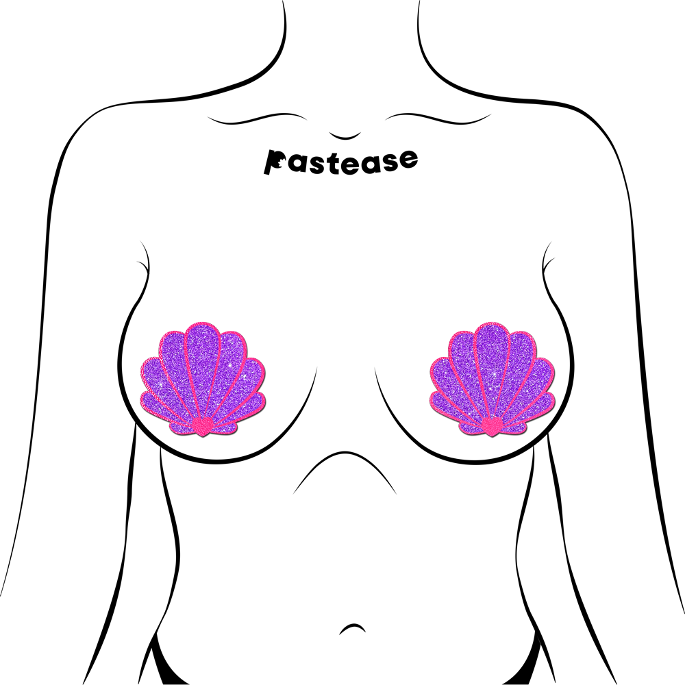 5-Pack: Mermaid Shell Pasties in Neon Pink & Purple Glitter Seashell Nipple Covers by Pastease®