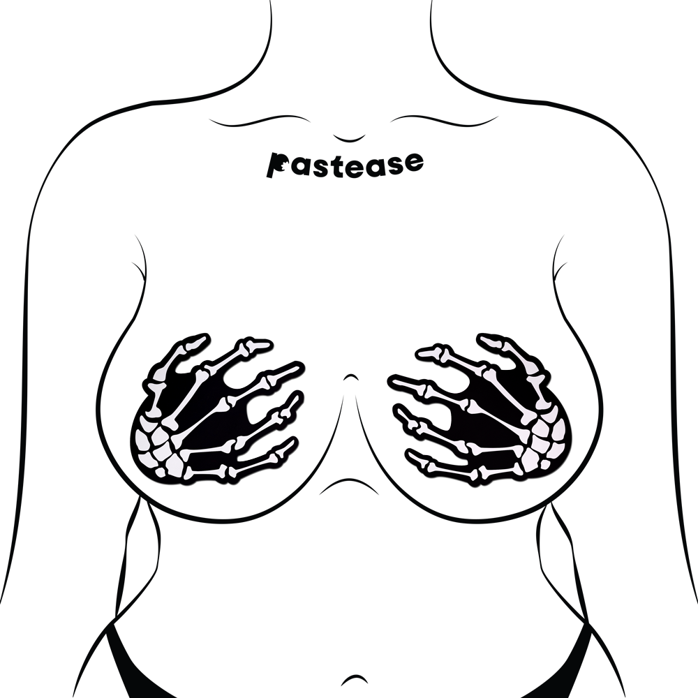 5-Pack: White Boney Skeleton Hands on Black Nipple Pasties by Pastease® o/s