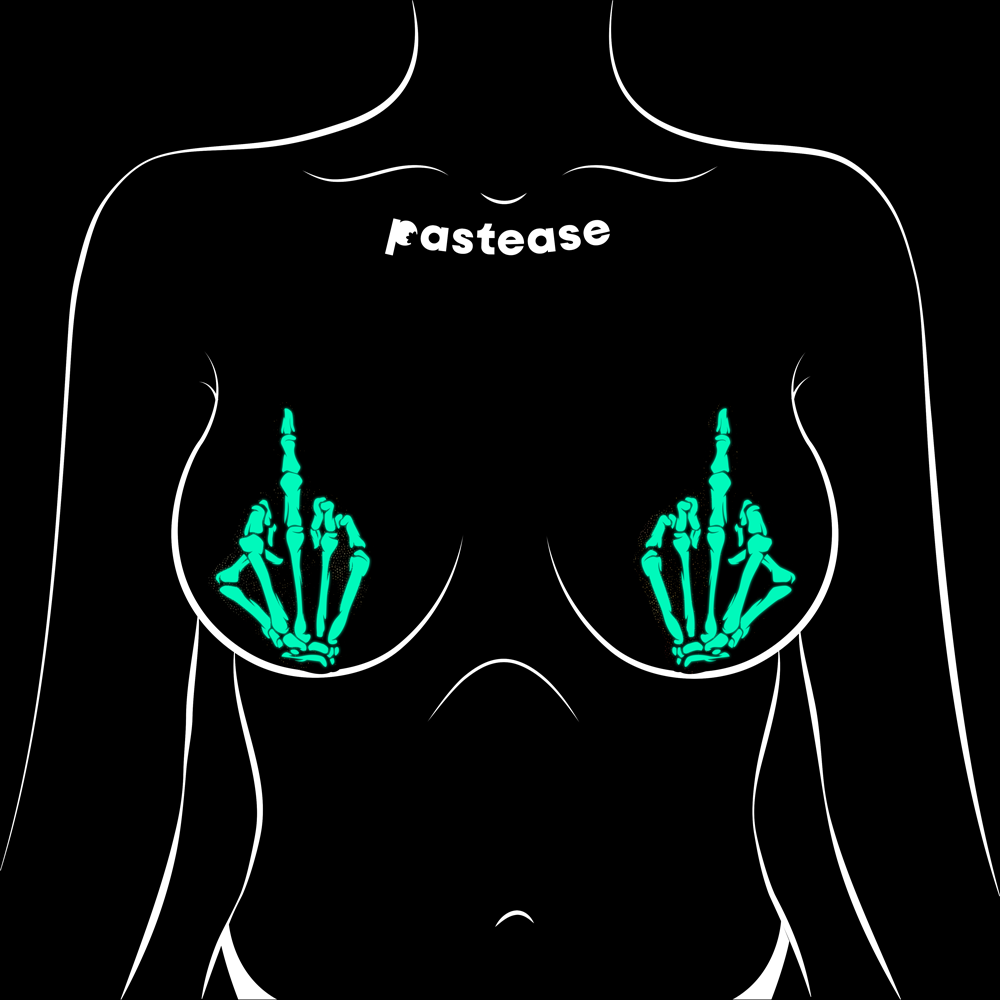 5-Pack: Middle Finger Skeleton Hand Pasties Glow in the Dark White & Black Boney Hand Nipple Covers by Pastease®