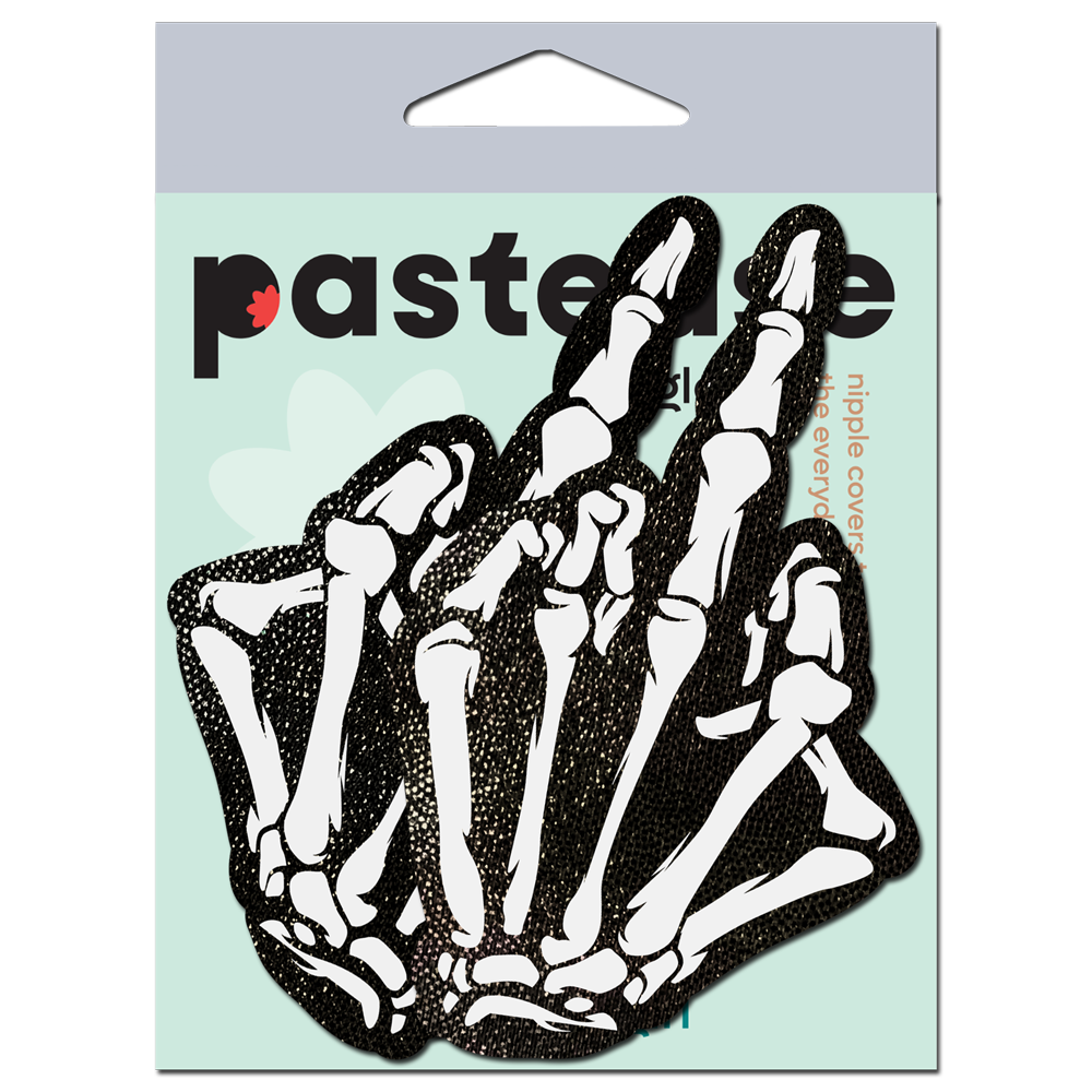 5-Pack: Middle Finger Skeleton Hand Pasties Glow in the Dark White & Black Boney Hand Nipple Covers by Pastease®