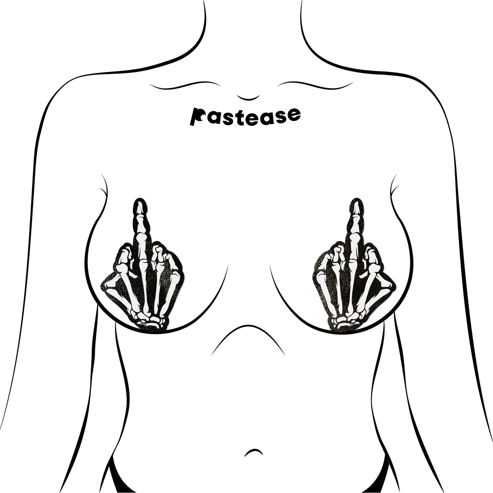 5-Pack: Middle Finger Skeleton Hand Pasties Glow in the Dark White & Black Boney Hand Nipple Covers by Pastease®