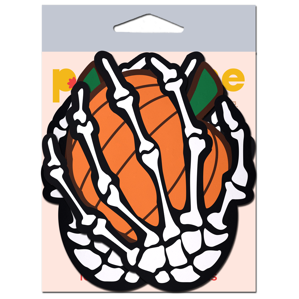 5-Pack: White Boney Skeleton Hands Holding Orange Halloween Pumpkins Breast Pasties by Pastease®
