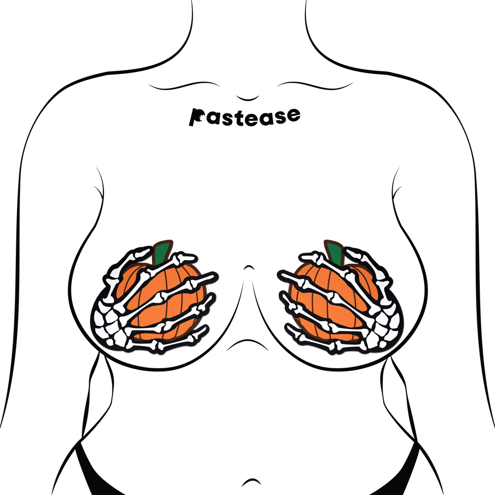 5-Pack: White Boney Skeleton Hands Holding Orange Halloween Pumpkins Breast Pasties by Pastease®
