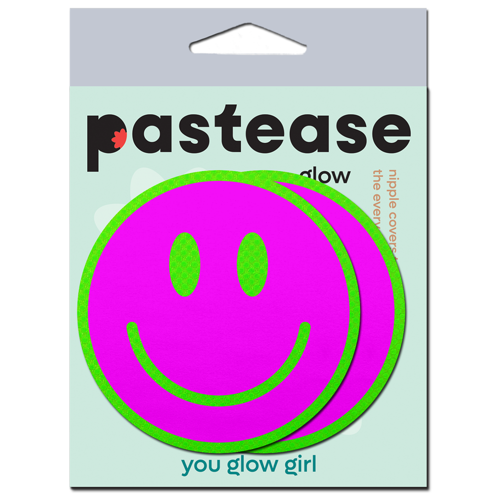 5-Pack: Neon Green Glow-in-the-Dark Pink Smiley Face Breast Pasties by Pastease®