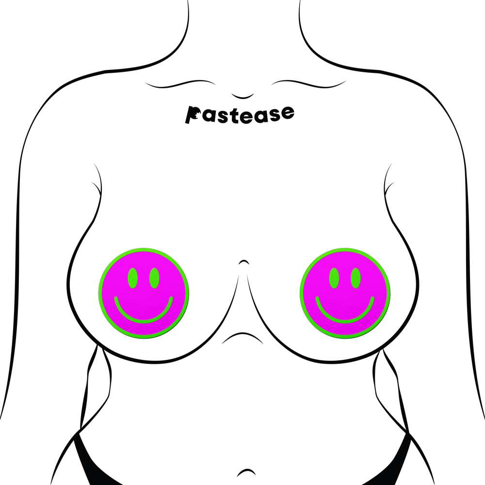5-Pack: Neon Green Glow-in-the-Dark Pink Smiley Face Breast Pasties by Pastease®