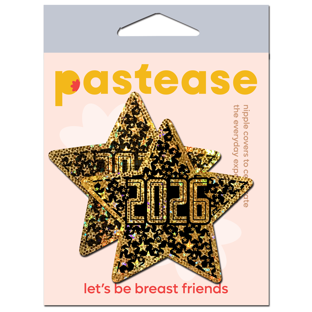 5-Pack: Happy New Year Pasties 2026 Black & Gold Star Nipple Covers by Pastease®