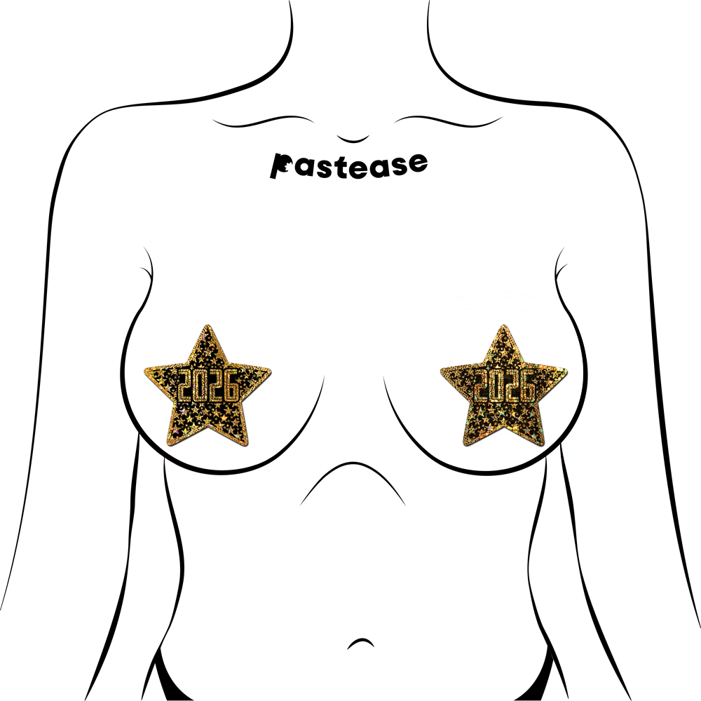 5-Pack: Happy New Year Pasties 2026 Black & Gold Star Nipple Covers by Pastease®